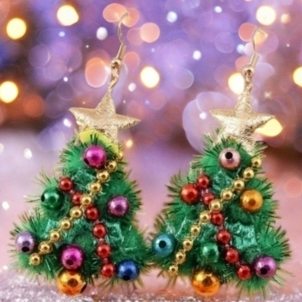 MODCLOTH GLITTER TINSEL PUFF TREE EARRINGS